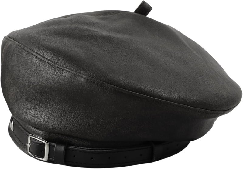 MINGSEECESS Women PU Leather French Black Beret Hat Causal Beanie Hat - Image 1